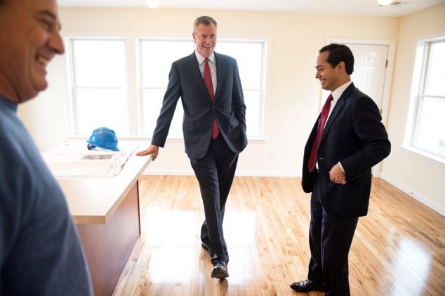 Mayor de Blasio and HUD Secretary Julian Castro touring a Build It Back home in Breezy Point in October of last year